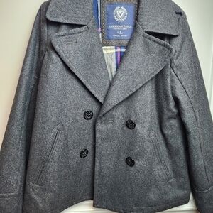 American Eagle Recycled Wool Blend Pea Coat Deadstock Grey Sz L NWT plaid lined